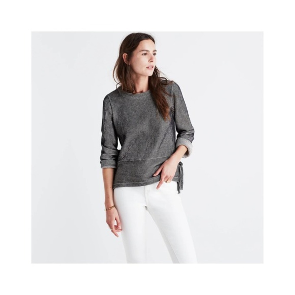 Madewell Black & Beige Striped Long Sleeve Side Tie Top,‎ Ribbed Pullover
